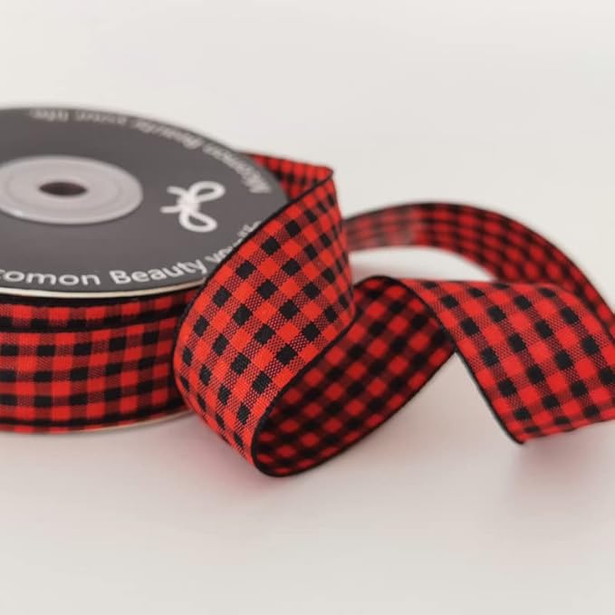 Red and Black Gingham Plaid Checked Ribbon 25 Yards Each Roll 100% Polyester (1",BlackRed)