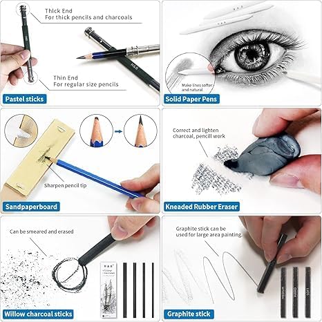 H & B 50 Pack Drawing Set Sketching Kit, Pro Art Supplies with 3-Color Sketchbook, Include Colored, Graphite, Charcoal, Watercolor & Metallic Pencil, for Artists Adults Beginner