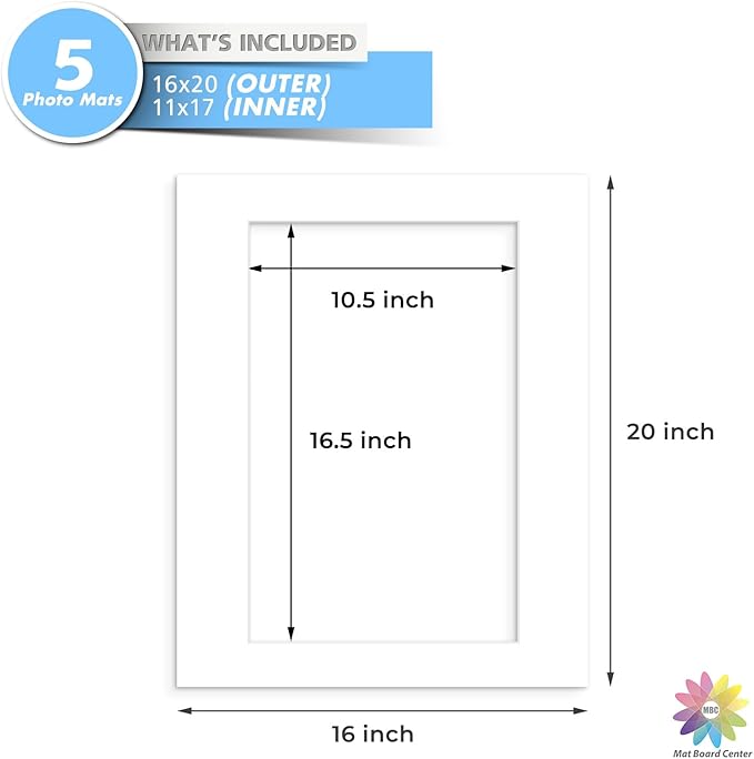 MBC Mat Board Center, 5 Pack 16x20 for 11x17 White Picture Mats Frame Mattes, Bevel Cut, Acid Free, 4-ply Thickness