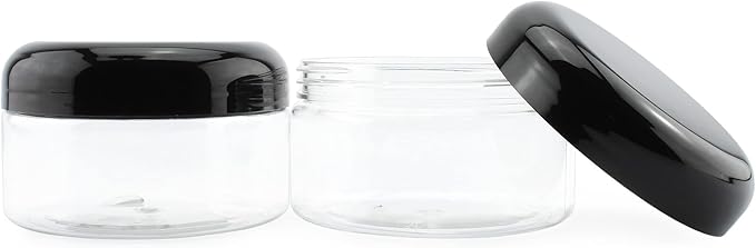 Cornucopia Brands 8oz Clear Plastic Jars w/Black Plastic Lids (6-Pack); BPA Free PET Stackable Containers for Bathroom & Kitchen Storage & Cosmetics