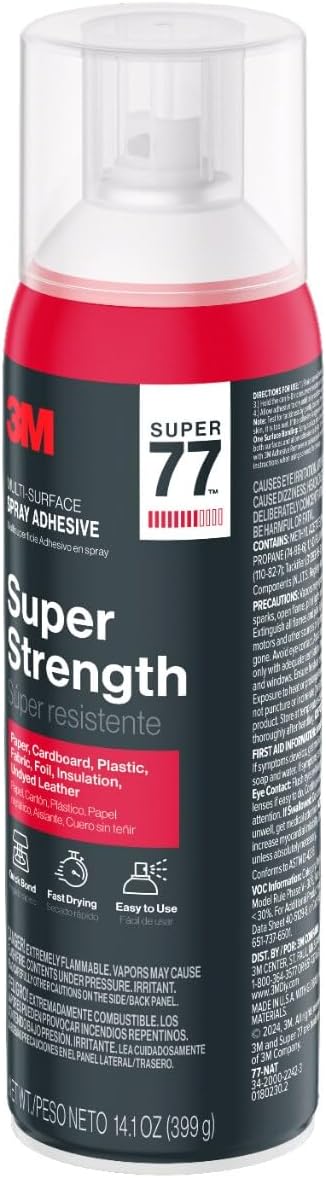 3M Super 77 Multi-Surface Spray Adhesive, 14.1 oz., Low VOC, Quick Bond, Fast Drying, Clear Finish for Foil, Foam, Paper, Metal, Plastic, Fabric, and Cardboard (77-NAT) (Pack of 2)