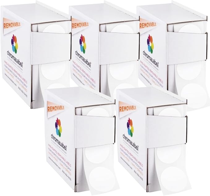 ChromaLabel 1 Inch Circle Sticker Labels, Easy to Write On Round Colored Stickers, Removable Sticky Dots - 1000 Dot Label Stickers per Dispenser Box, White Sticker Labels - Case of 5