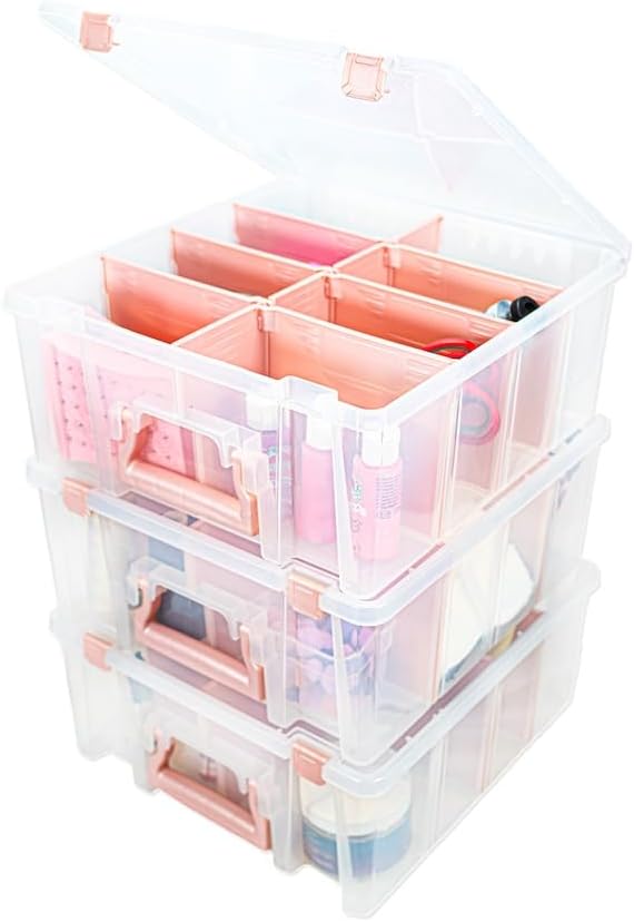 ArtBin 6990RK-AMZ Super Satchel Double Deep Compartment Box - Art Storage with 8 Removable Compartments, Smart Closure for Craft Supplies (Rose Gold - Pack of 3)
