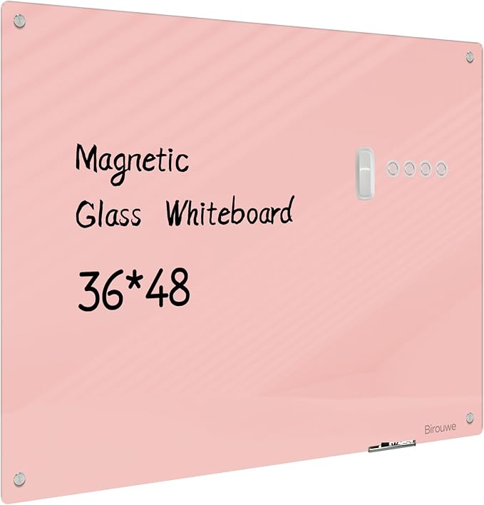 Magnetic Glass Whiteboard - Glass Dry Erase Board 48"x36" Large Frameless Glass Board for Walls Office School and Home, Pink