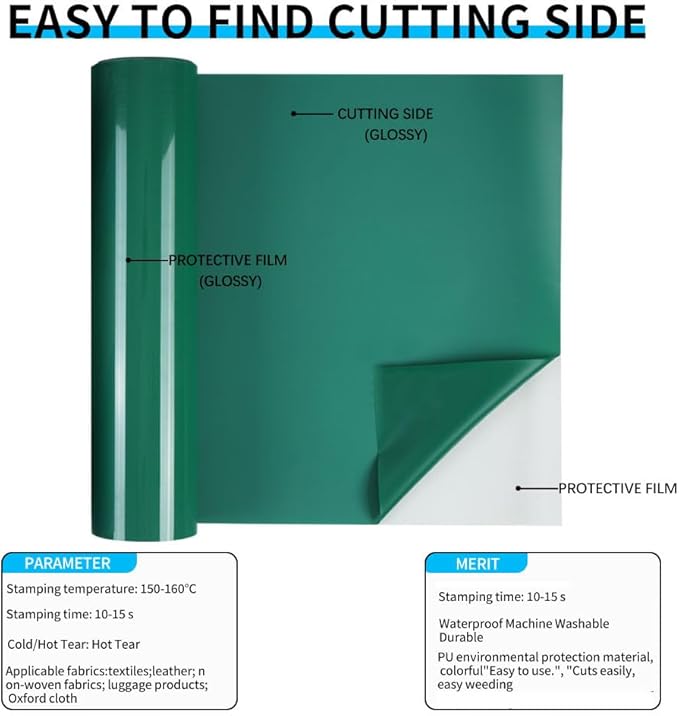 Guangyintong Heat Transfer Vinyl Rolls, 12" x 12ft Matte Green HTV for T-Shirts, All Cutter Machines, Easy Cut & Weed