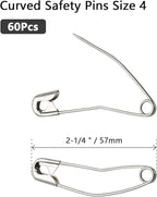 60Pcs Curved Safety Pins Size 4, 2-1/4 inch / 57mm Quilting Basting Pins, Bent Safety Pins for Quilting and Knitting (Sliver)
