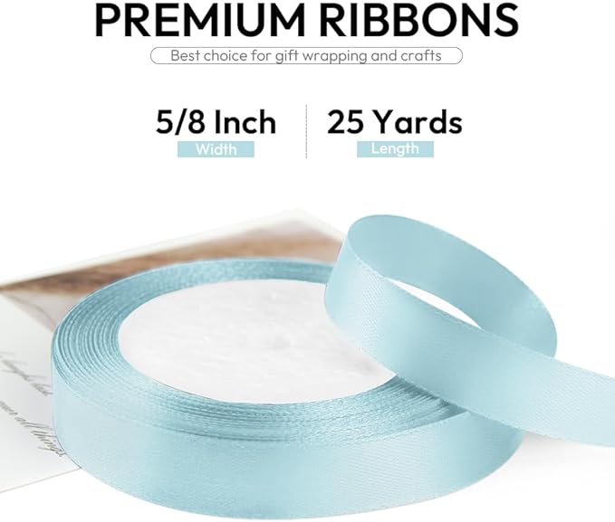 5/8 Inch 25 Yards Satin Ribbon Light Blue, Solid Color Fabric Ribbon for Gift Wrapping, Wedding, Polyester Gift Ribbon for Birthday Party Decoration, Craft, Hair, Floral, Sewing