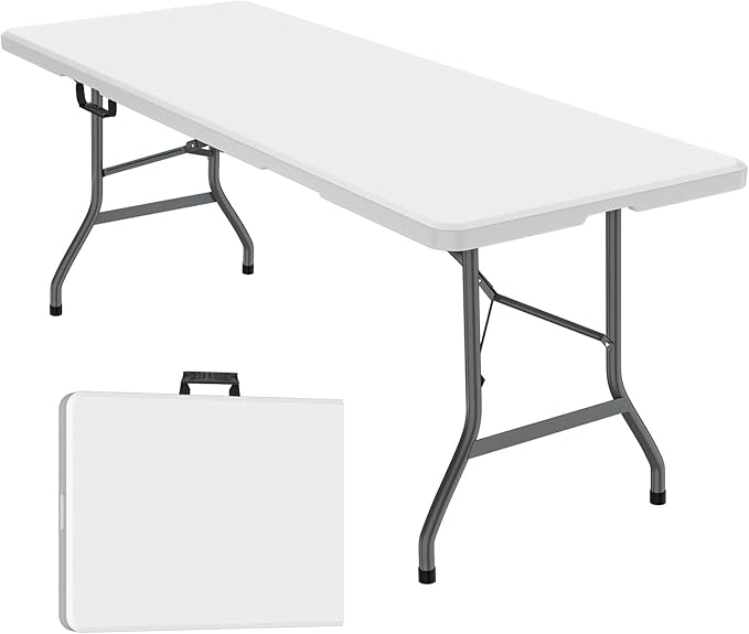 6ft Folding Table, Foldable HDPE Dining Table for Picnic, Camping, Party, Display with Carrying Handle - White