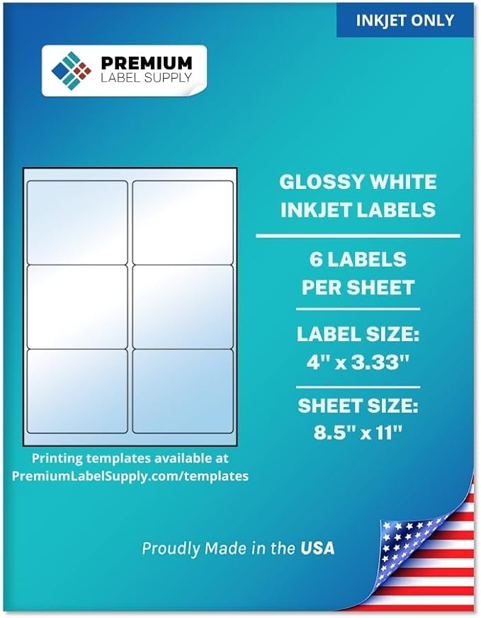 Premium Label Supply Glossy White Sticker Labels – 4" x 3.33" – (6 per Sheet) (Glossy White for Inkjet Only, 60 Labels)