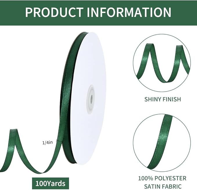TONIFUL 1/4 Inch x 100yds Emerald Green Christmas Green Satin Ribbon, Thin Solid Color Satin Ribbon for Gift Wrapping, Crafts, Hair Bows Making, Wedding Party Decoration, Invitation Cards