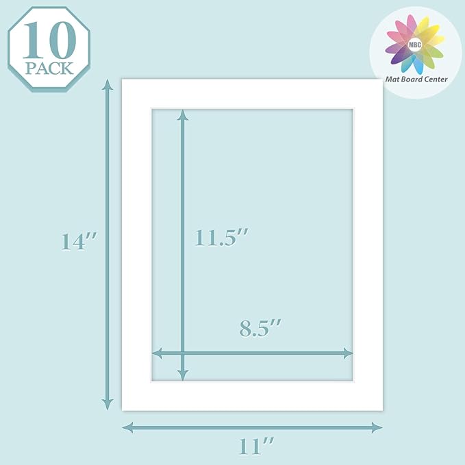 MBC MAT BOARD CENTER, 10 Pack 11X14 for 9X12 White Picture Mats Frame Mattes, Bevel Cut, Acid Free, 4-Ply Thickness