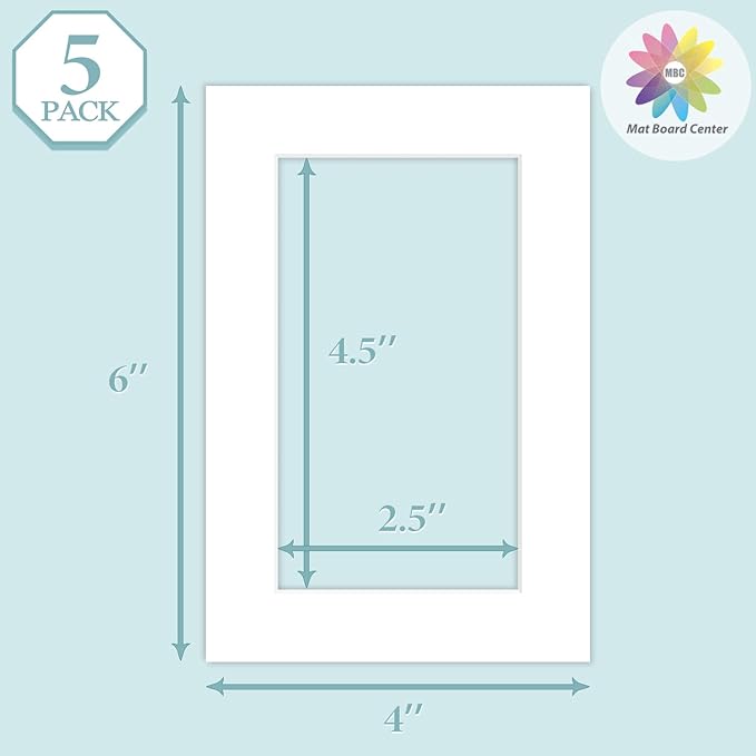 MBC MAT BOARD CENTER, 5 Pack 4x6 for 3x5 White Picture Mats Frame Mattes, Bevel Cut, Acid Free, 4-ply Thickness
