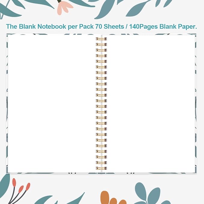 (3-Pack) A5 Blank Notebook - 70 Sheets/140 Pages Per Blank Paper Notebook, 100 GSM Thick White Paper, 5.8" x 8.3" Spiral Blank Journal, Flowers
