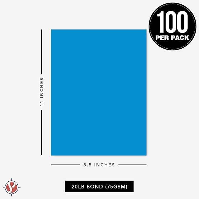 8.5 x 11" Bright Blue Color Paper Smooth, for School, Office & Home Supplies, Holiday Crafting, Arts & Crafts | Acid & Lignin Free | Regular 20lb Paper - 100 Sheets