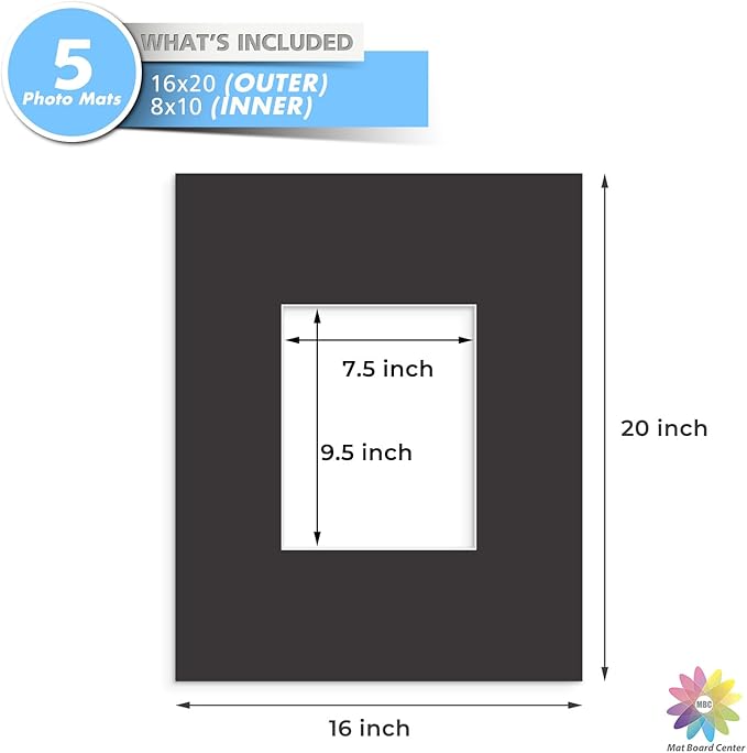 MBC MAT BOARD CENTER, 5 Pack 16x20 for 8x10 Black Picture Mats Frame Mattes, Bevel Cut, Acid Free, 4-ply Thickness