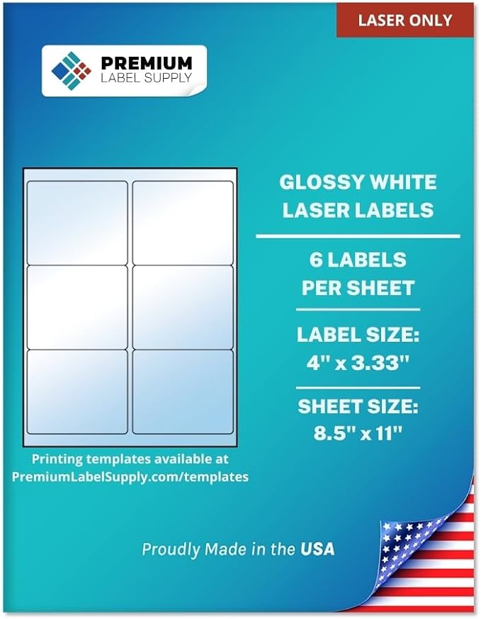 Premium Label Supply Glossy White Sticker Labels – 4" x 3.33" – (6 per Sheet) (Glossy White for Laser Only, 600 Labels)