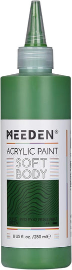 MEEDEN Olive Green Acrylic Paint: Matte Finish 250ml/8.45oz Soft Body Bulk Acrylic Colors in Ergonomic Bottle - Fluid Flow Art Paints for Artists Canvas Painting