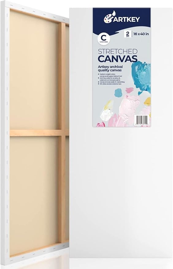 Stretched Canvases for Painting 16x40 Inch 2-Pack, 12.3 oz Triple Primed Acid-Free 100% Cotton Long Blank Canvas, Large Art Canvases for Oil Paint Acrylics Pouring & Wet Art Media, Pour Painting