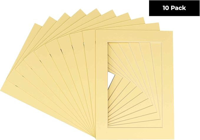 5x7 Mat for 8.5x11 Frame - Precut Mat Board Acid-Free Show Kit with Backing Board, and Clear Bags Soft Yellow 5x7 Photo Matte Made to Fit a 8.5x11 Picture Frame Matboard for Framing, Pack of 10 Mats