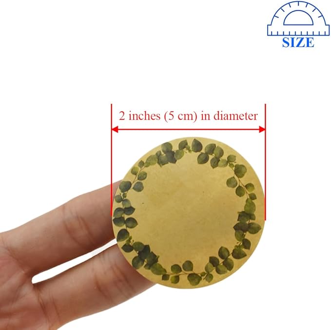 HAHIYO 2In 500P Round Natural Brown Kraft Stickers with Green Leaf Wreath Design - 4 Unique Styles Blank Kraft Labels Roll to Write On Durable Dot Stickers for Jar Canning Price Tags Store Organizing