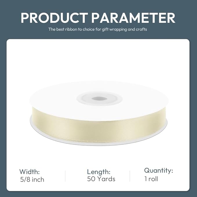 KMER LIFE 5/8" Wide x 50 Yards Ivory Single Faced Polyester Satin Ribbon - Perfect for Wedding Decor, Wreaths, Crafts, Gift Wrapping & Other Projects