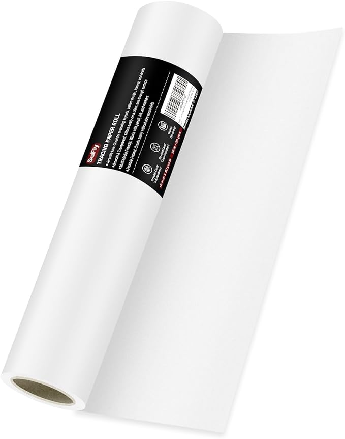 SuFly Tracing Paper Roll, 12 Inch x 50 Yards Trace Paper Roll, 32 lb White Art Paper Translucent Pattern Paper for Sewing, Drawing, Sketching, and Gift Wrapping.