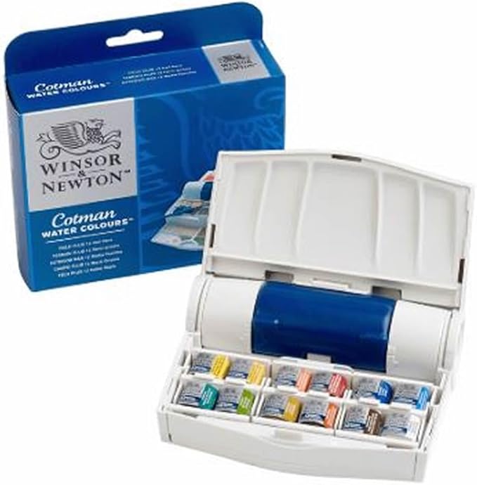 Winsor & Newton Cotman Watercolor Paint Set, Field Travel Set, 12 Half Pan w/ Brush, Mixing Palette, Bottle