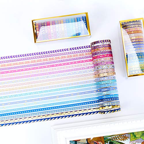 AEBORN Thin Purple Washi Tape - 20 Rolls 5mm Gold Foiled Skinny Washi Tape Set, Pretty Star Washi Tape for Bullet Journal, Scrapbook, Gift Packaging, DIY Crafts