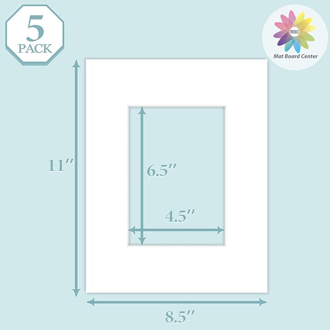 MBC Mat Board Center, 5 Pack 8.5X11 for 5X7 White Picture Mats Frame Mattes, Bevel Cut, Acid Free, 4-Ply Thickness