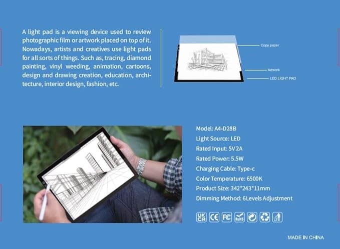Wireless Rechargeable A4 LED Light Pad w/Built-in Riser Stands, 6 Levels of Brightness, Evenly Illuminated Light Box for Tracing and Weeding Vinyl, Slim and Lightweight Diamond Painting Light Board