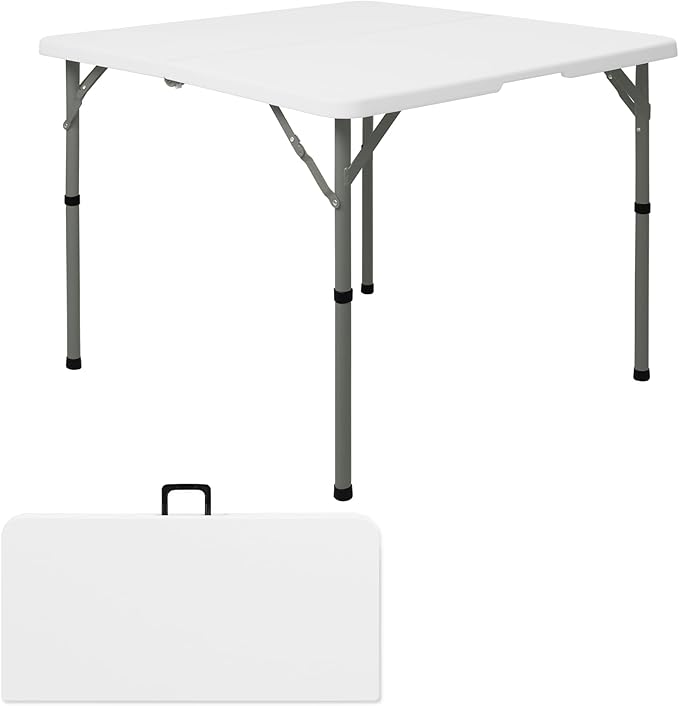 34" Square Folding Table,Multi-Functional Portable Folding Card Table with Carrying Handle for Indoor Outdoor Camping,Picnic, Office, Party Use, HDPE Plastic Tabletop with Metal Frame(White)