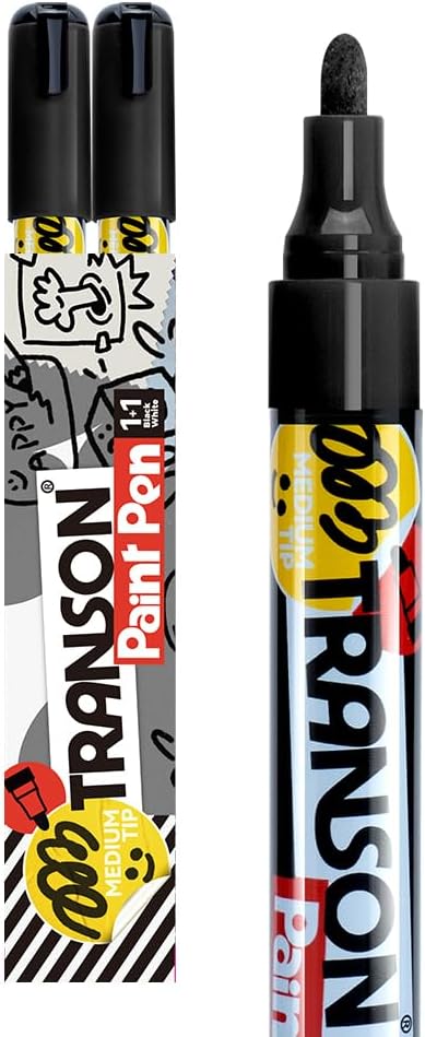 TRANSON 2 Black Permanent Paint Markers for Fabric Rock Craft Diy Painting Medium Tip Oil Based Waterproof