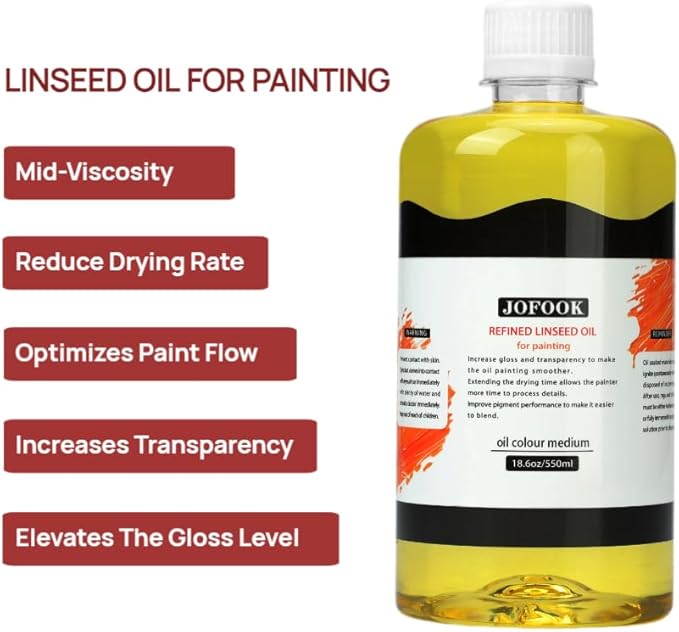 JOFOOK Refined Linseed Oil Medium for Oil Paintings,550ml/18.6oz Linseed Oil for Oil Based Paint,Artists' Paint Thinner with a Painting Knife and Paintbrush,Enhance Flow & Translucency Thinning Oil