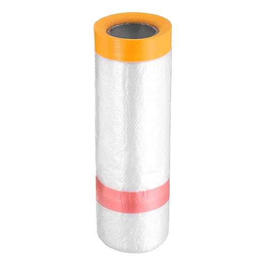 HARFINGTON Pre-Taped Masking Film 43.3" x32.8ft Double Adhesive Tape and Drape Painters Plastic Drop Cloth Film with Tape Plastic Sheeting for Automotive Painting Covering