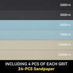 24 Piece Ultra Fine Sandpaper Set 2000/3000/5000/7000/10000/20000 Grit Wet/Dry Sandpaper 9x3.6 Inches, Suitable for Automotive Polishing, Metal, and Wood Turning Finishing.
