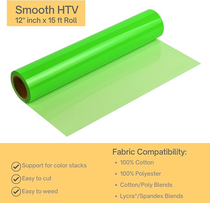 Neon Green Heat Transfer Vinyl Rolls 12" x 20ft Iron on Vinyl for DIY Design for All Cutter and Heat Press Machine