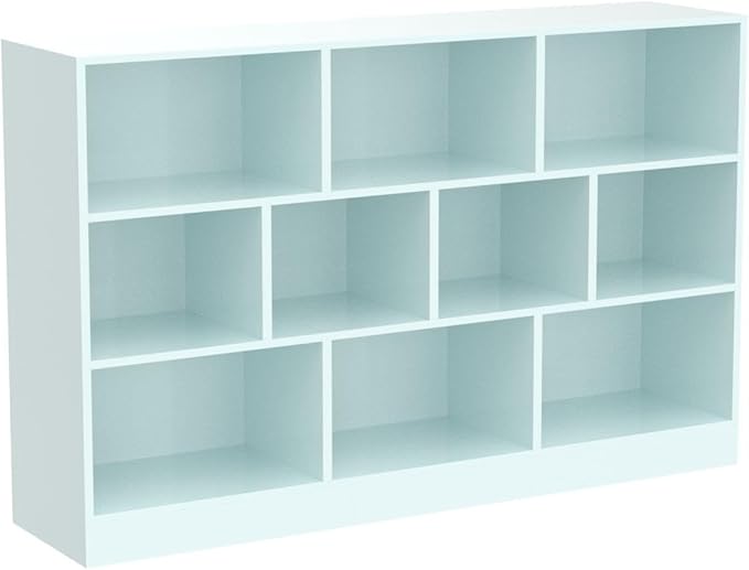 IOTXY Open Shelf Low Bookcase - Wooden 3-Tier Floor Standing Display Cabinet Organizer with Base, 10 Cubes Short Horizontal Bookshelf in Tiffany-Green