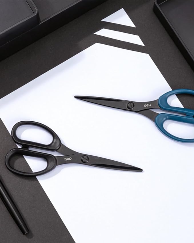 Deli Non-Stick Scissors, 8 Inch Stainless Steel Blades with Soft Grip Handles, Black/White Office Scissors for Paper, Fabric, Craft, Home & School Use (1 Pack)