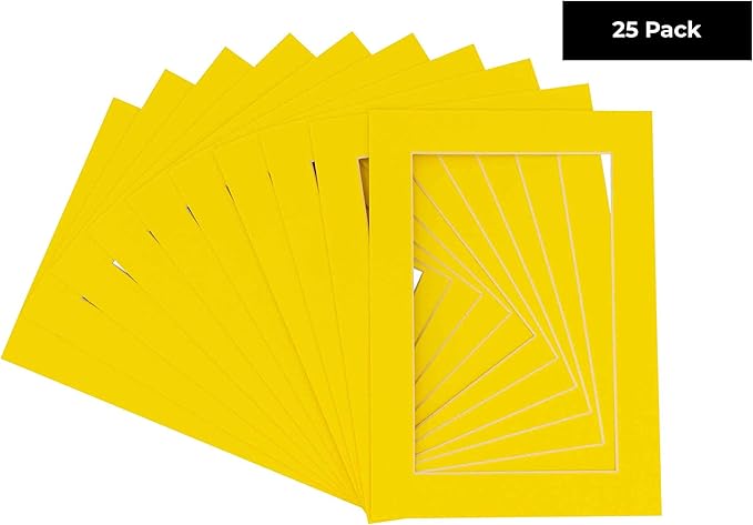 6x8 Mat for 8x10 Frame - Precut Mat Board Acid-Free Show Kit with Backing Board, and Clear Bags Yellow 6x8 Photo Matte Made to Fit a 8x10 Picture Frame Matboard for Framing, Pack of 25 Mats