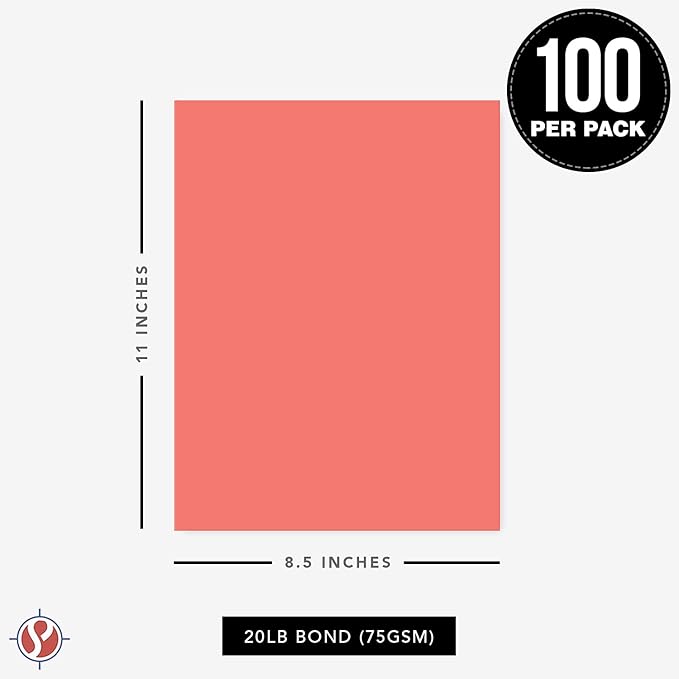 8.5 x 11" Salmon Color Paper Smooth, for School, Office & Home Supplies, Holiday Crafting, Arts & Crafts | Acid & Lignin Free | Regular 20lb Paper - 100 Sheets
