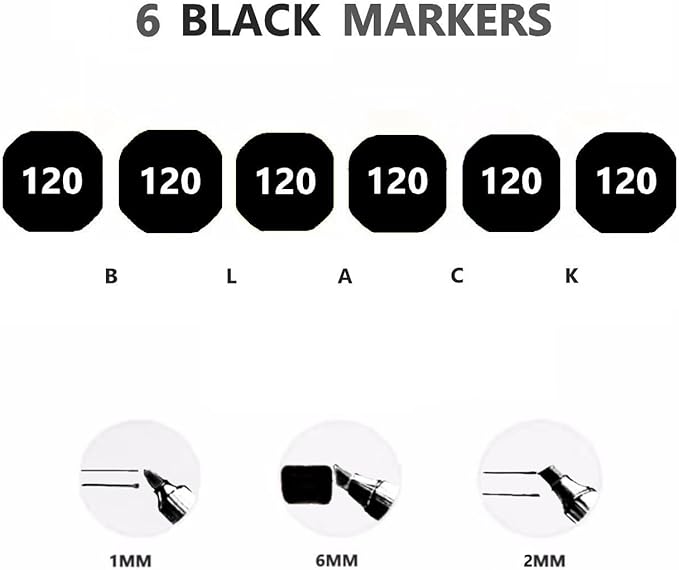 6pcs Black Alcohol Markers Set, Dual Tips Art Markers Drawing Sketched Double Tipped for Beginner Adults Kids(Black)