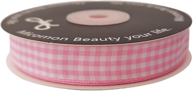 Pink Gingham Plaid Checked Ribbon 25 Yards Each Roll 100% Polyester (5/8",Pink)