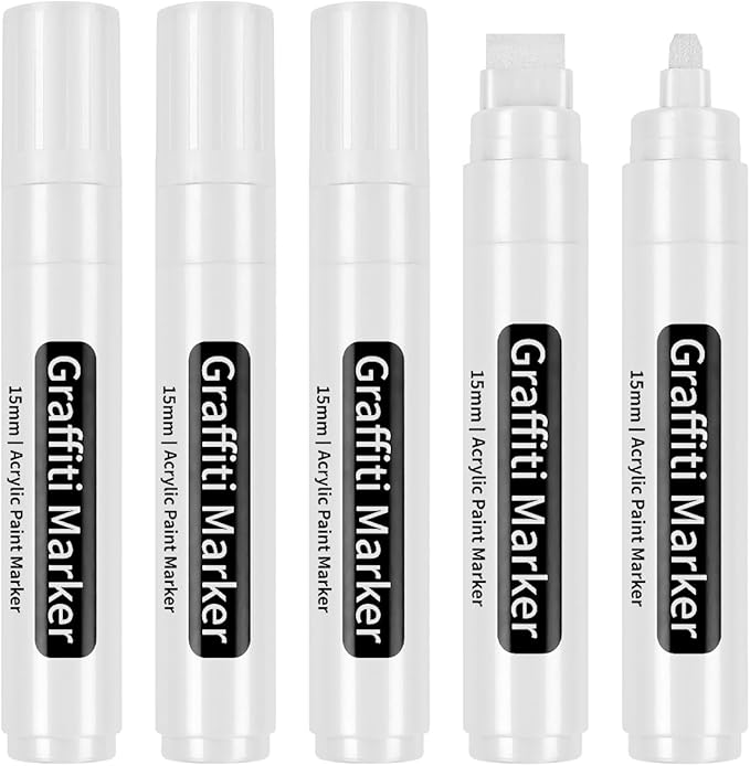 White Poster Markers Jumbo Paint Pen: 5 pcs 15mm Wide Tip Thick Acrylic Paint Pen Large Graffiti Markers for Rock Painting, Stone, Sign, Canvas, Glass, Wood, Ceramic