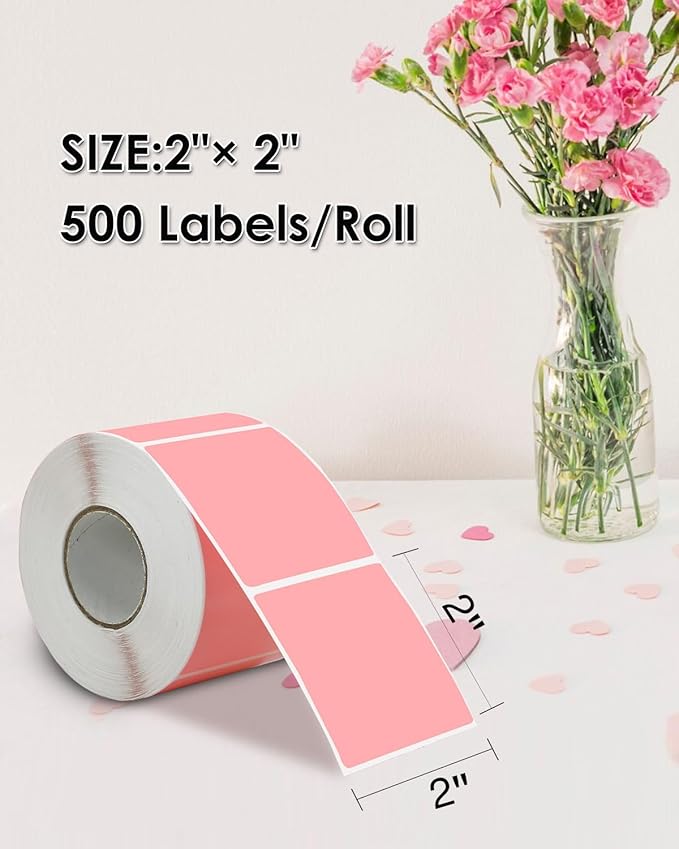 iEager Pink Square Thermal Label Stickers, 2"x2" Self-Adhesive Square Direct Thermal Labels with Perforation Line, 500 Sheets/Roll