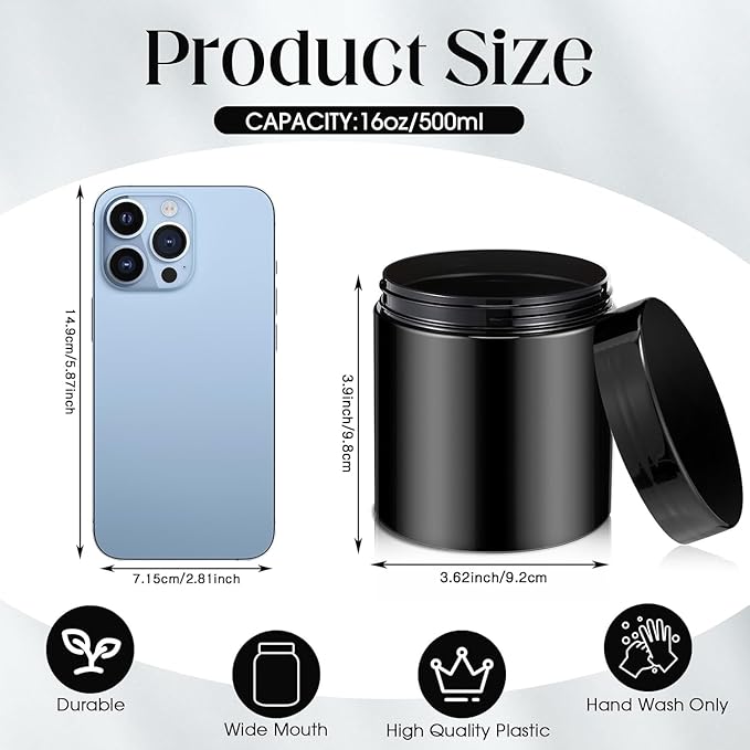 SATINIOR 12 Pack 16 oz Plastic Container Jars with Lids Round Clear Travel Cosmetic Container Slime Jar for Toiletries, Lotion, Cream, Ointment, Makeup, Rhinestone, Sample, Kitchen Storage(Pure Black)