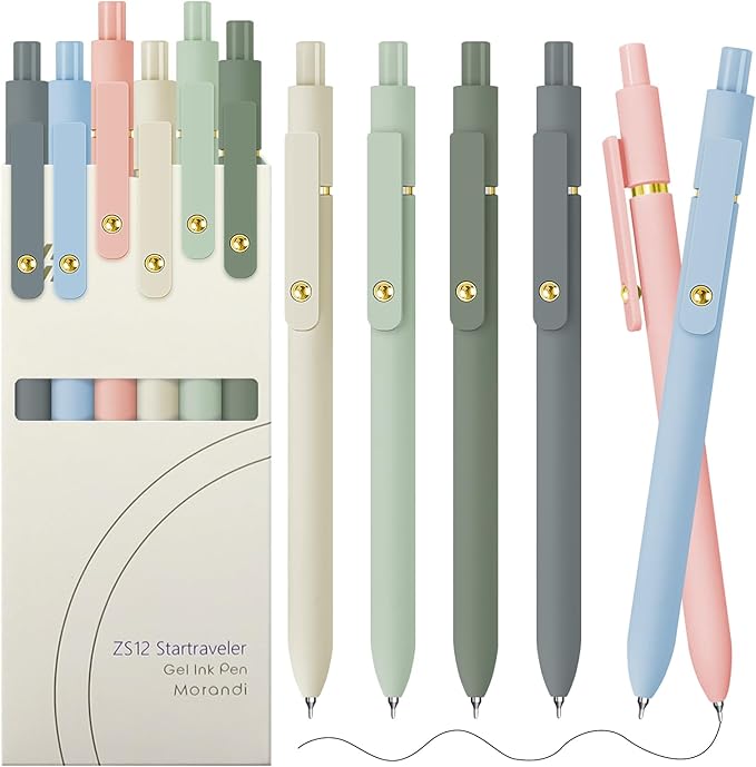 Gel Pens, 6 pcs 0.5mm Black Ink Pens Gold Morandi Barrel Fine Point Smooth Writing Pens Quick Dry Pen for School Office Supplies, Gifts for Girls Women