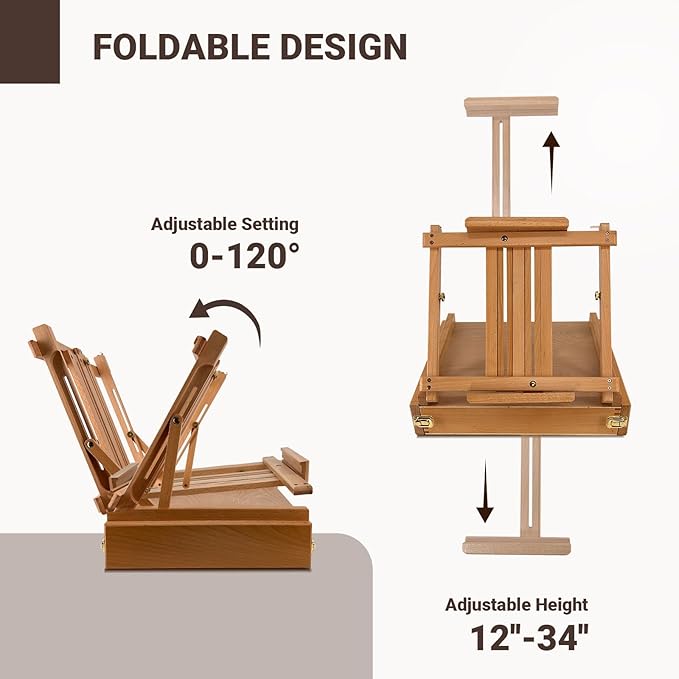 Large Sketchbox Table Top Easel with Dual Dawers- Adjustable Solid Beech Wood Artist Desktop Easel with Storage Holds Canvas up to 34'' High, for Markers, Sketch or Draw