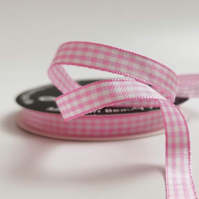 Pink Gingham Plaid Checked Ribbon 25 Yards Each Roll 100% Polyester (3/8",Pink)