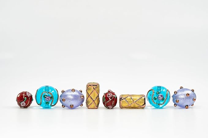 8 pcs Mix of Bohemia Lampwork Czech Glass Beads with Pearl Decorated Beads, Modern lampwork Design and Round Flower Beads, LW 002