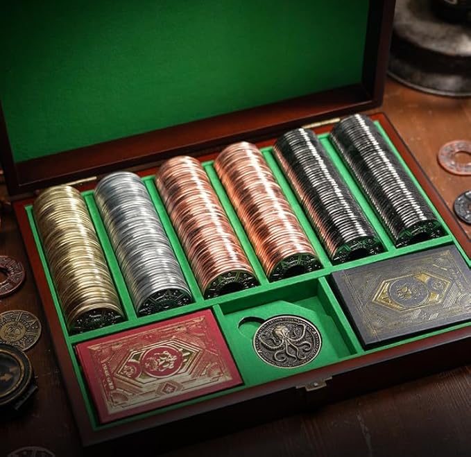 PIRATEGOLD Pirate Themed Metal Poker Chip Set 300pc for Texas Hold’Em, Gold, Silver, Gunmetal, Bronze Coins with 2 X Card Decks, 1 X Custom Wooden Carrying Case